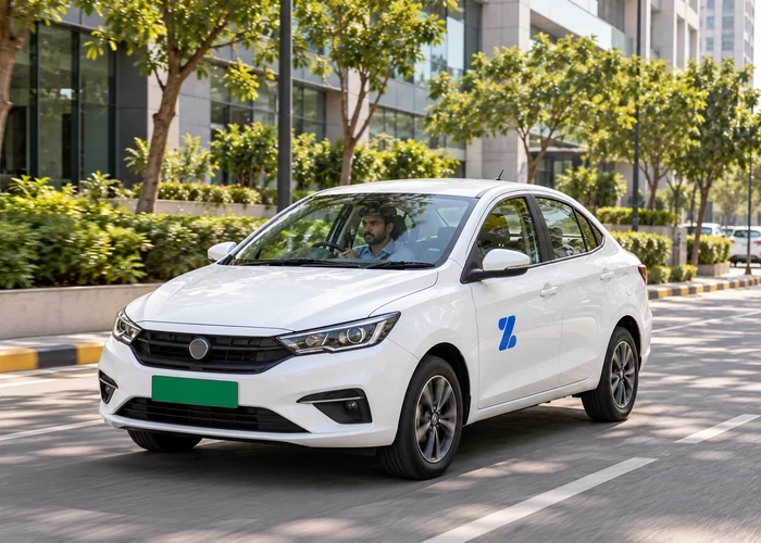 AI-generated illustrative photograph of a driver taking a white electric fleet sedan along a tree-lined Gurugram office street